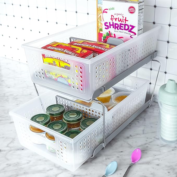 madesmart 2-Tier Organizer Slide-Out Baskets with Handles, Space Saving, Multi-Purpose Storage & BPA-Free, Large, Frost-with Dividers