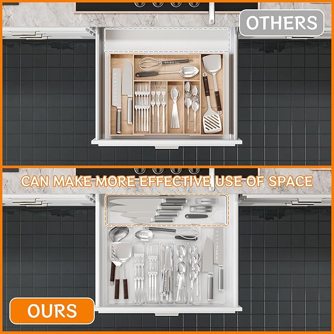 Clear Expandable Silverware Organizers for Kitchen Drawers,Large BPA Free Cutlery Organizer in Drawer,Plastic Utensil Drawer Organizer Suitable as Flatware,Knife,Fork,Spoon,Silverware Holder and Tray