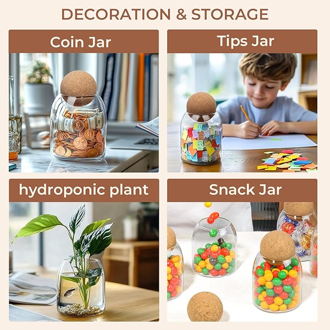 ComSaf Glass Storage Container with Ball Cork, 16 oz Small Glass Jar with Cork Lid, 1 Pack Candy Jar, Cute Decorative jar for Tip, Change, Salt, Sugar, Cookies, Bathroom Cotton Swab Qtip Holder