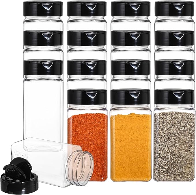 Bekith 16 Pack 9 oz Plastic Spice Jars with Black Cap, Plastic Spice Bottles Empty Seasoning Containers for Storing Spice, Herbs and Powders