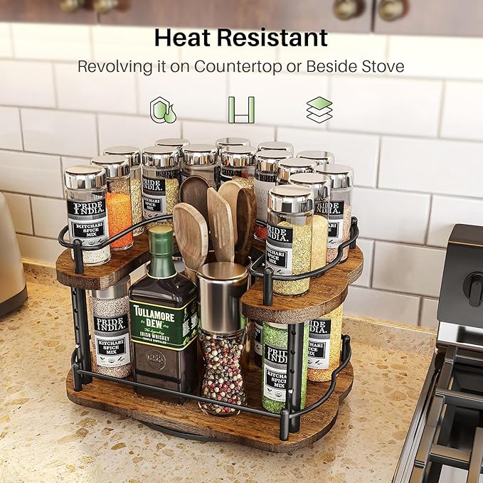 Lazy Susan Organizer Spice Rack - Height Adjustable Rotating Lazy Turntable Spice Organization for Cabinet, Pantry Kitchen Wood Revolving Seasoning Organizer, 12 inches, Black