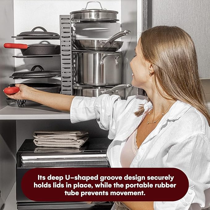 GeekDigg Adjustable Pots and Pans Organizer - 8 Tier Versatile Kitchen Pot Rack for Counter and Cabinet - Easy Setup, 3 DIY Installation Ways, Accommodates 8+ Pots and Pans - Space-Saving Black Design