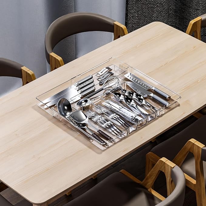 Clear Expandable Silverware Organizers for Kitchen Drawers,Large BPA Free Cutlery Organizer in Drawer,Plastic Utensil Drawer Organizer Suitable as Flatware,Knife,Fork,Spoon,Silverware Holder and Tray