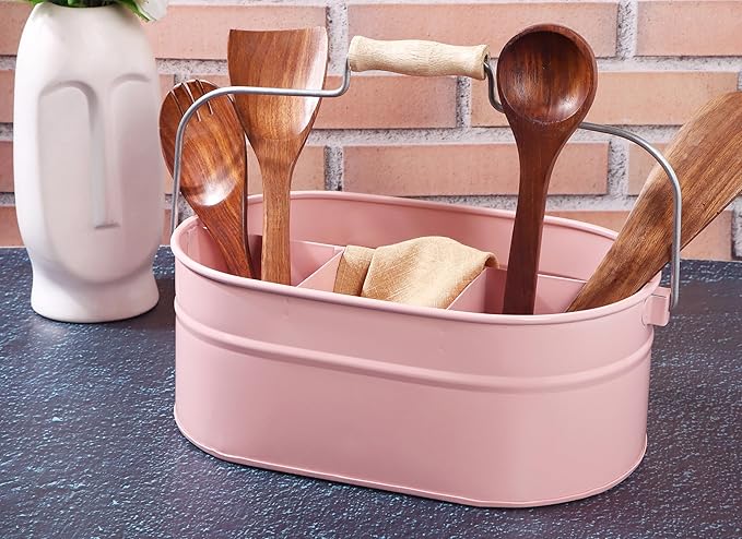 Alpha Living Home Farmhouse Utensil Caddy – 4-Compartment Silverware & Kitchen Organizer with Sturdy Wooden Handle, Durable Powder-Coated Finish (Lemonade)