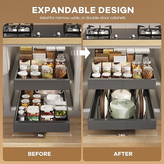 2 Pack Pull out Cabinet Organizer 21" Deep With Raising Pad for Framed Cabinets, Expandable Slide out Drawers for Kitchen Cabinets with 4pcs Divider Racks, Roll out Shelves 9"-14" W Black