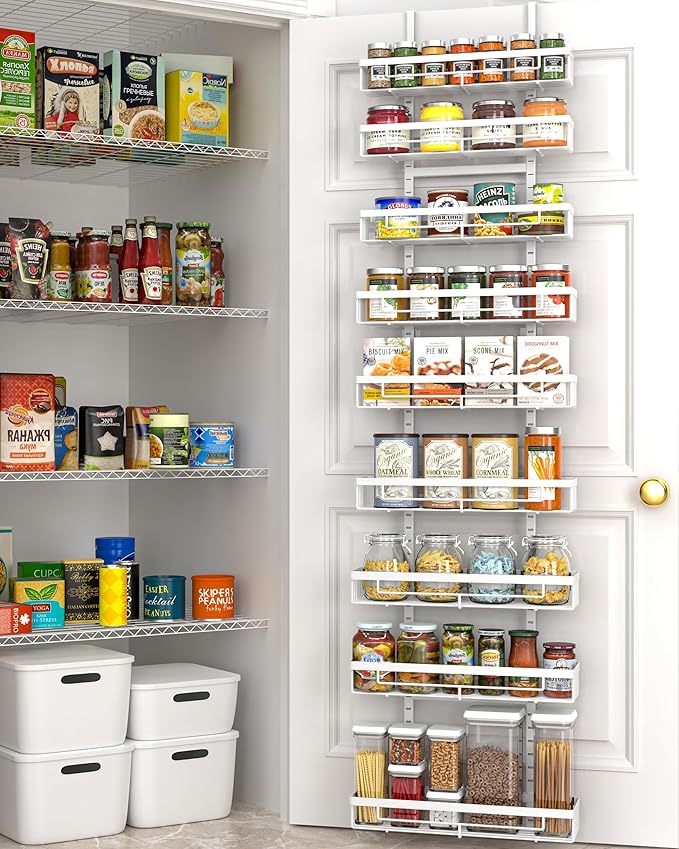 Moforoco White 9-Tier Over The Door Pantry Organizer, Pantry Organization and Storage, Black Hanging Basket Wall Spice Rack Seasoning Shelves, Home Bedroom Storage