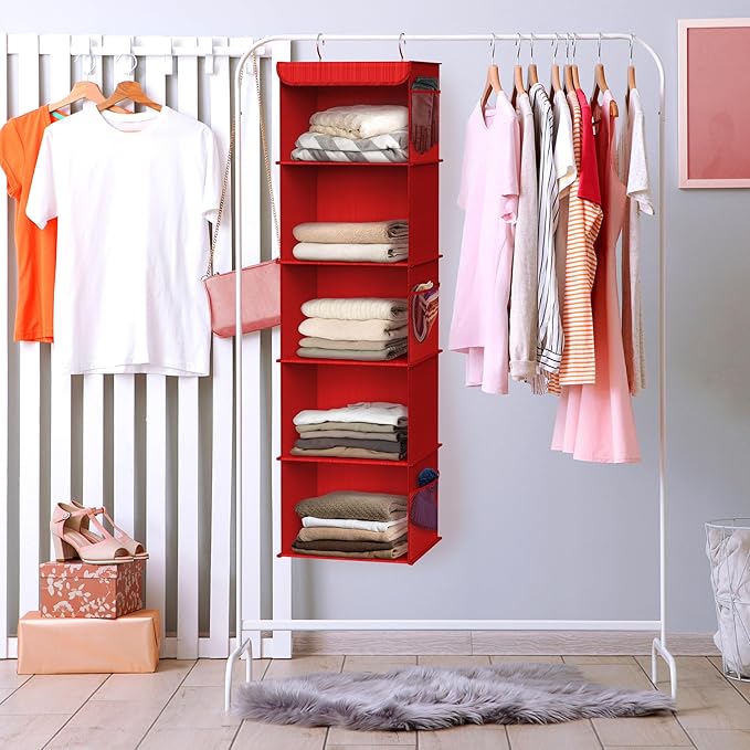 Simple Houseware 5 Shelf Hanging Closet Organizer, Red