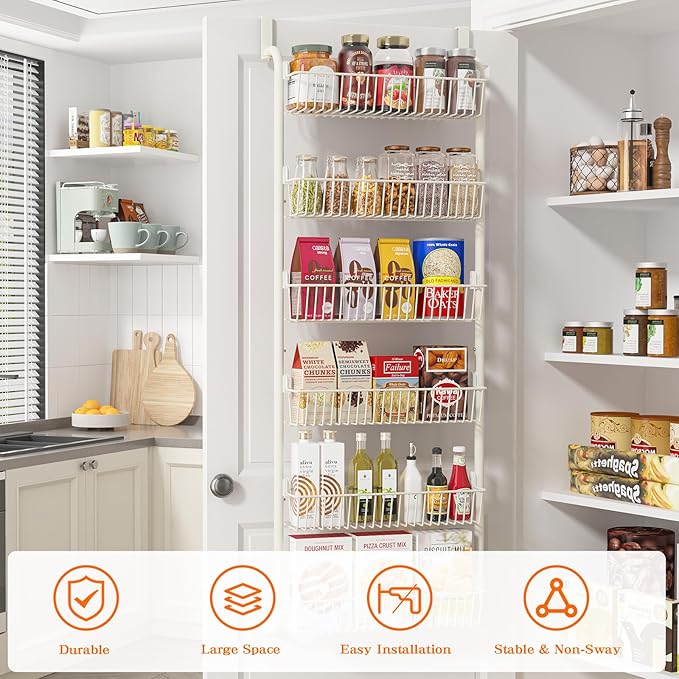 Over the Door Pantry Organizers and Storage, 6-Tier Spice Rack, Home & Kitchen Storage Shelves for Cabinet, Large Capacity Hanging Seasoning Organizer, Laundry Room Organization, White