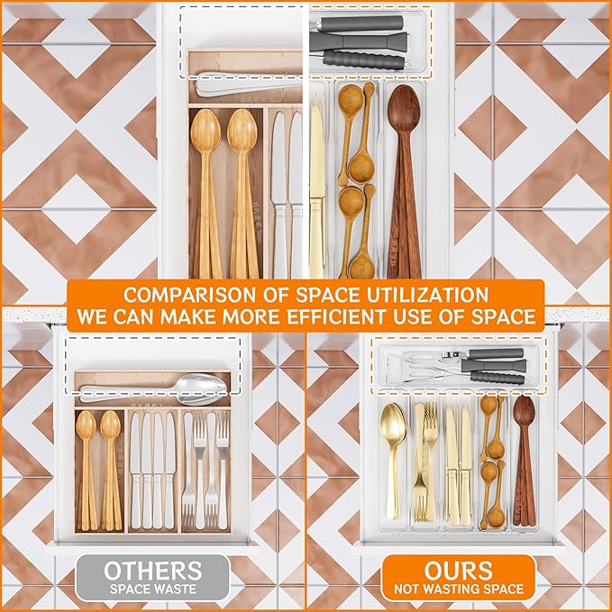 Clear Silverware Organizer for Kitchen Drawers,BPA Free Cutlery Drawer Organizer,6 Slots Plastic Utensils Organizer Suitable as In-Drawer Silverware Holder and Tray,Flatware,Knife,Fork,Spoon Organizer