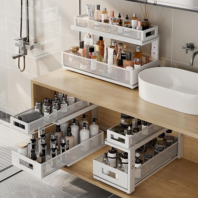 2 Pack 21.3IN-Depth Under Sink Organizer With Next-Gen Ball-Bearing Slides,2-Tier Pull Out Cabinet Storage,Height Adjustable Drawer Shelf for Bathroom,Kitchen,Laundry,Cabinet,Pantry-White