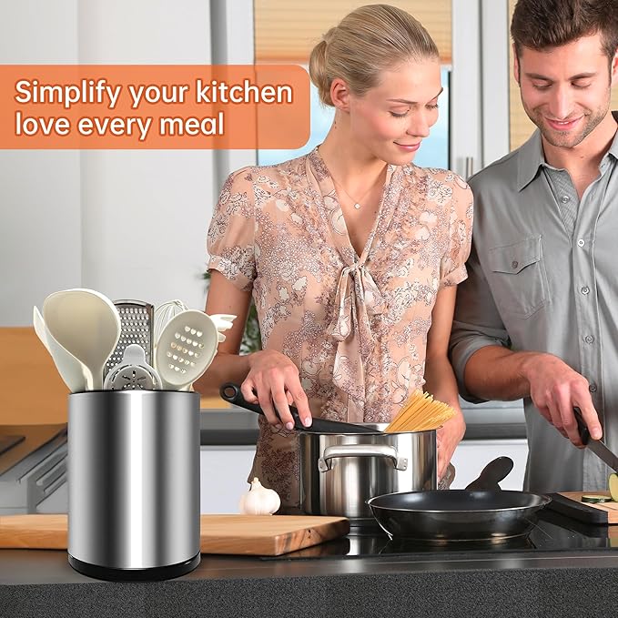 Stainless 360° Rotating Kitchen Utensil Holder,Large Counter Utensil Caddy, Cooking Spoon Stand Spatula Cutlery Metal Utensil Canister Tool Silverware Holder Rack For Countertop (Silver)