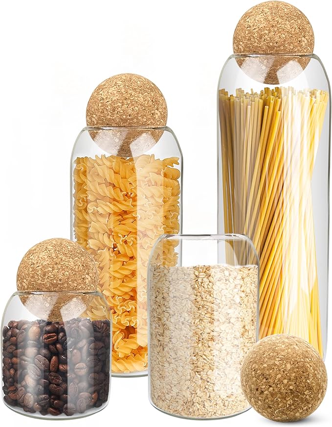 HOMEARAY Glass Food Storage Jars with Lids – Premium Transparent Cereal Jars Storage with Ball Cork Lid – Flour and Sugar Jars with Cork Stopper – Ideal for Storing Your Food
