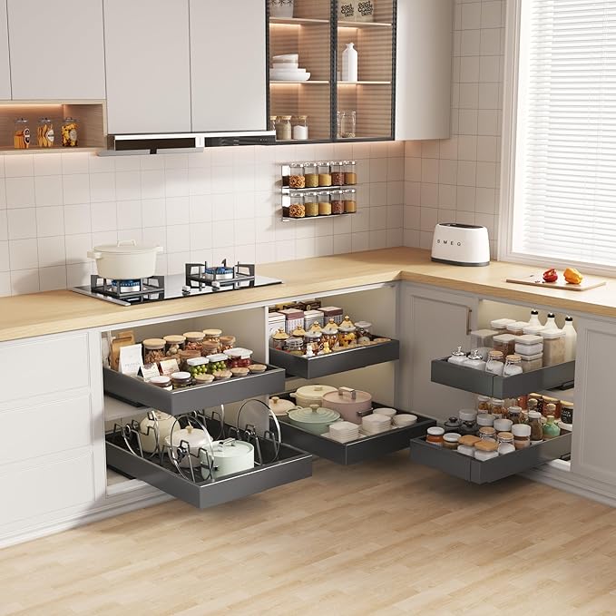 2 Pack Pull out Cabinet Organizer 21" Deep With Raising Pad for Framed Cabinets, Expandable Slide out Drawers for Kitchen Cabinets with 4pcs Divider Racks, Roll out Shelves 9"-14" W Black