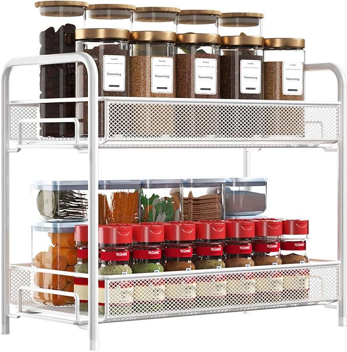 Spice Rack Organizer for Countertop,Xpatee 2-Tier Foldable Metal Rust-Proof Standing Large Seasoning Storage Shelf with Guardrail and Mesh Design for Kitchen Cabinet Bathroom Living Room Pantry, White