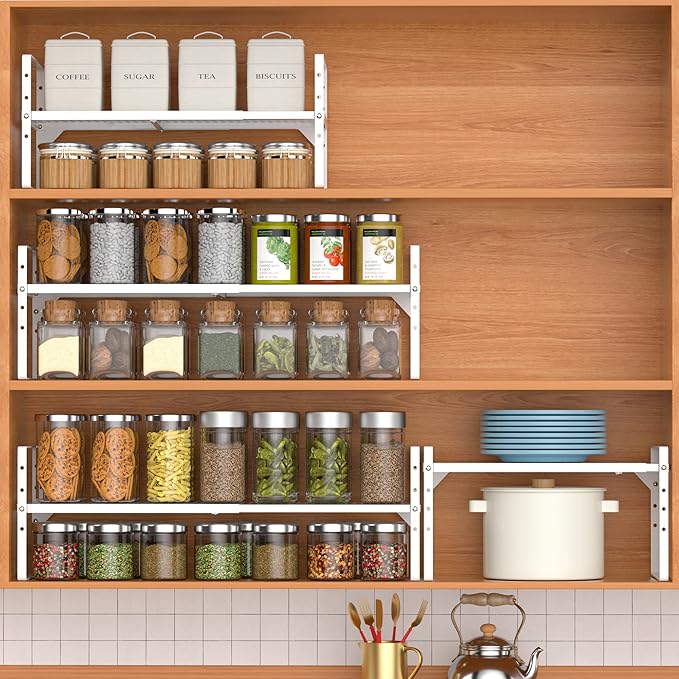Expandable Kitchen Cabinet Shelf Organizers 2 Pack, Stackable Metal Pantry Storage Shelves Rack, Adjustable Counter Shelf for Cabinets, Countertop, Cupboard Organizers and Storage, White