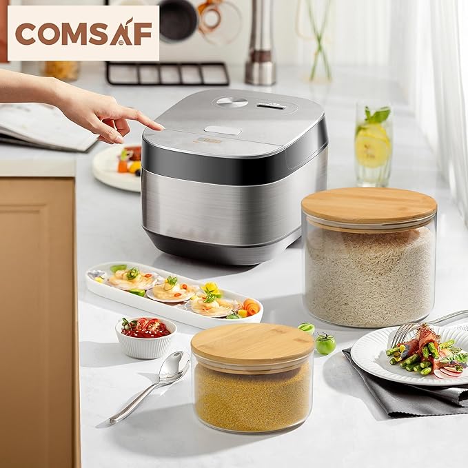 ComSaf Glass Food Storage Containers, 100 oz/44 oz Glass Flour and Sugar Containers with Airtight Lids, 7.1'' Wide Mouth Large Glass Jars with Bamboo Lid for Rice, Pasta, Oats, Grains, Cookie, Candy
