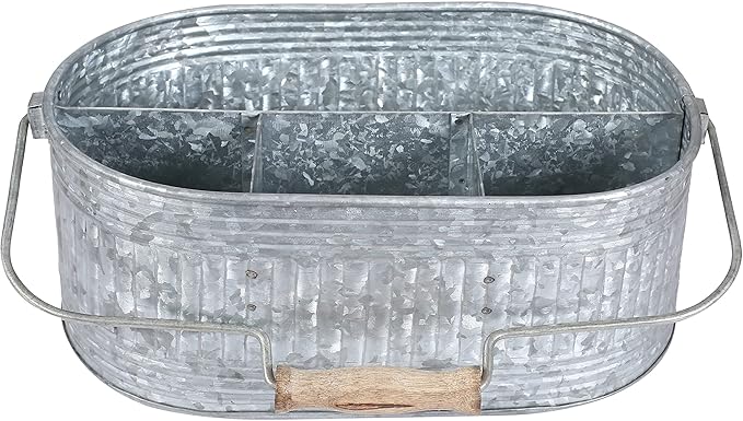 CLEENTABLE Farmhouse Galvanized Metal Utensil Caddy – 4-Compartment Silverware Organizer with Removable Handle for Countertop, Picnic & Party Use (10"x6.5"x5.5", Grey)