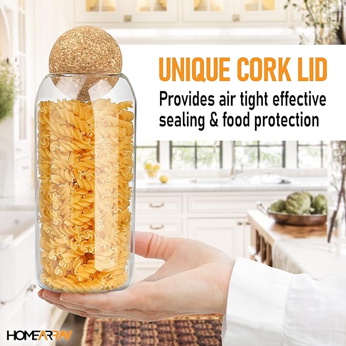 HOMEARAY Glass Food Storage Jars with Lids – Premium Transparent Cereal Jars Storage with Ball Cork Lid – Flour and Sugar Jars with Cork Stopper – Ideal for Storing Your Food