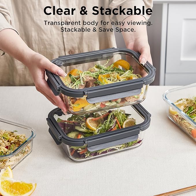 Glass Food Storage Containers with Glass Lids, 5 Pack of 36oz, Glass Meal Prep Container with Airtight Lids, Microwave Safe Food Container Set, BPA Free, LeakProof, Ideal for Lunch