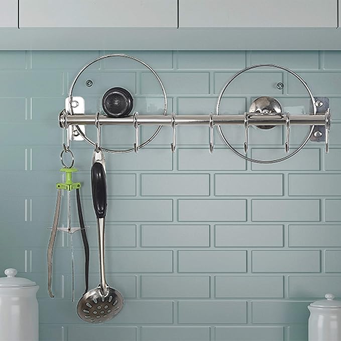 DSEAP Pot Rack - Pots and Pans Hanging Rack with 8 Hooks, Double Bars, Wall Mounted, Chromed