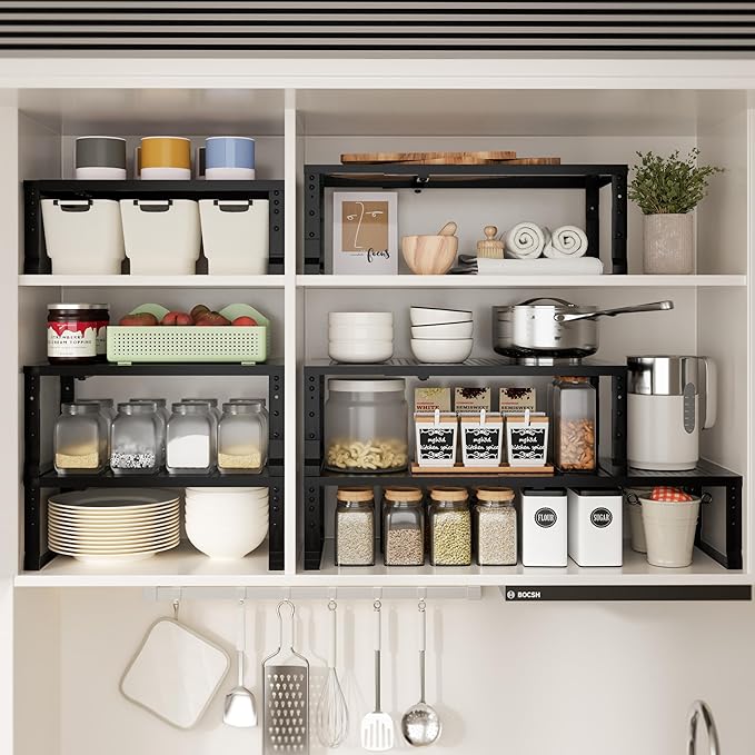 Expandable Spice Rack & Kitchen Cabinet Organizer - Stackable, Adjustable Shelves for Cabinets, Countertops, Cupboards & Pantries(3 Packs/Large/Black)