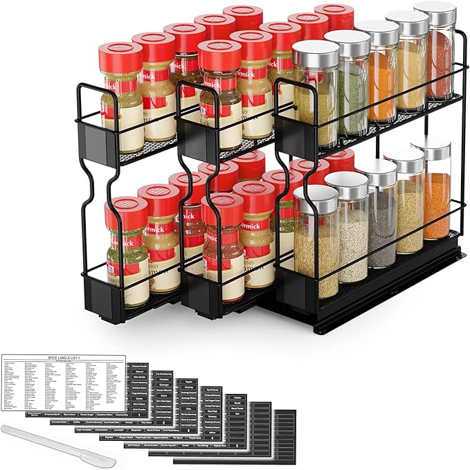 SpaceAid Pull Out Spice Rack Organizer, Heavy Duty Slide Out Seasoning Kitchen Organizer, Cabinet Organizer, with Labels, 7.7" W x10.75 D x10 H, 3 Drawers 2-Tier