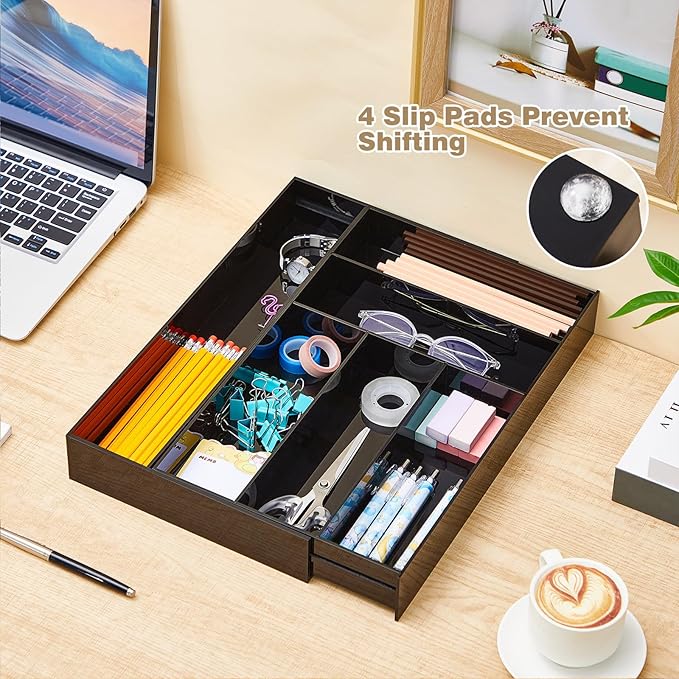 1 Pcs Acrylic Drawer Organizer Maximum 15 x 18 x 2 Inch Expandable Drawer Organizer Pens Notebook Ruler Makeup Tray with 7 Adjustable Compartments for Desk Office Kitchen Bathroom (Black)