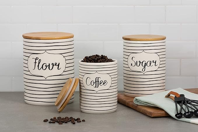 10 Strawberry Street Coffee, Sugar, Flour Kitchen Canister, 3 Piece Set, Everyday Black/White