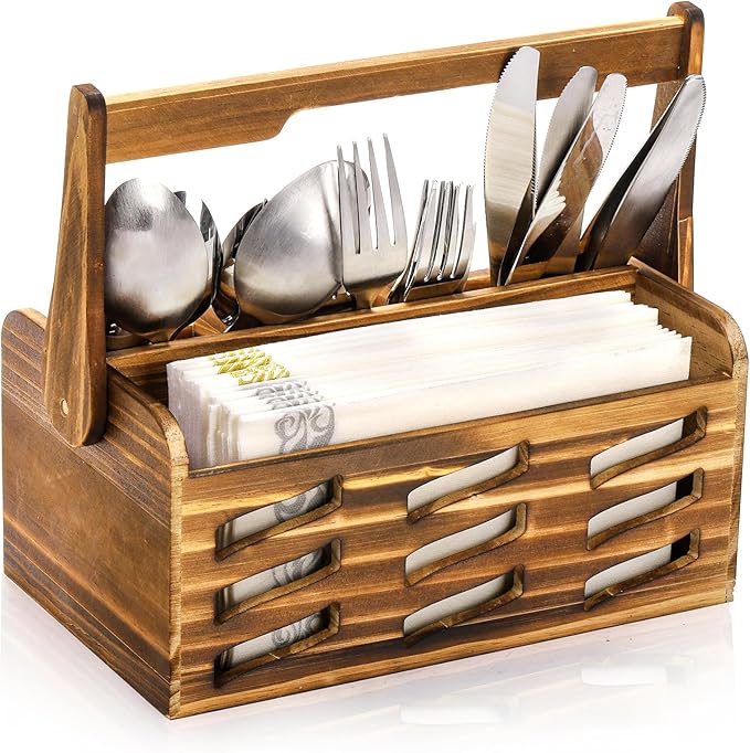Silverware Caddy with Handle, Wooden Flatware Utensil Holder for Party, 4 Compartment Cutlery Organizer Napkin Storage for Countertop, Kitchen Bathroom Bedroom Decor, Camping Picnic