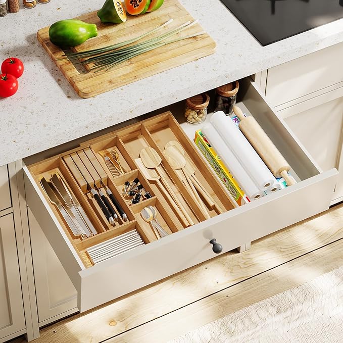HO0BRO Large Silverware Organizer Kitchen Drawer Organizer, Magnetic Connected Expandable Utensil Organizer From 22 to 35 Inches, Bamboo 16 Slots Cutlery Tray with Knife Holder, Natural YL07TL01