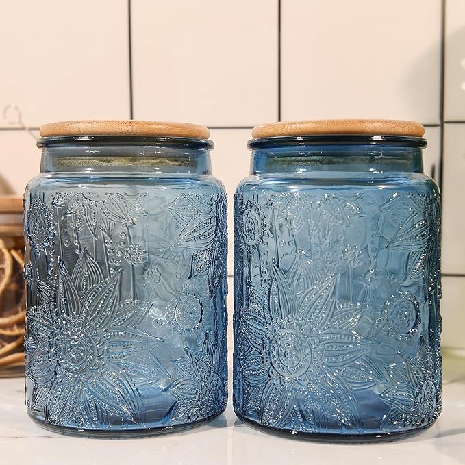 Blue Vintage Glass Candy Jar with Airtight Bamboo Lid, 23.7oz Kitchen Storage Canister for Sugar, Coffee, Tea, Cookies, Bath Salt - Decorative Mason Jar for Pantry & Counter(Blue, 23.7 fl oz)