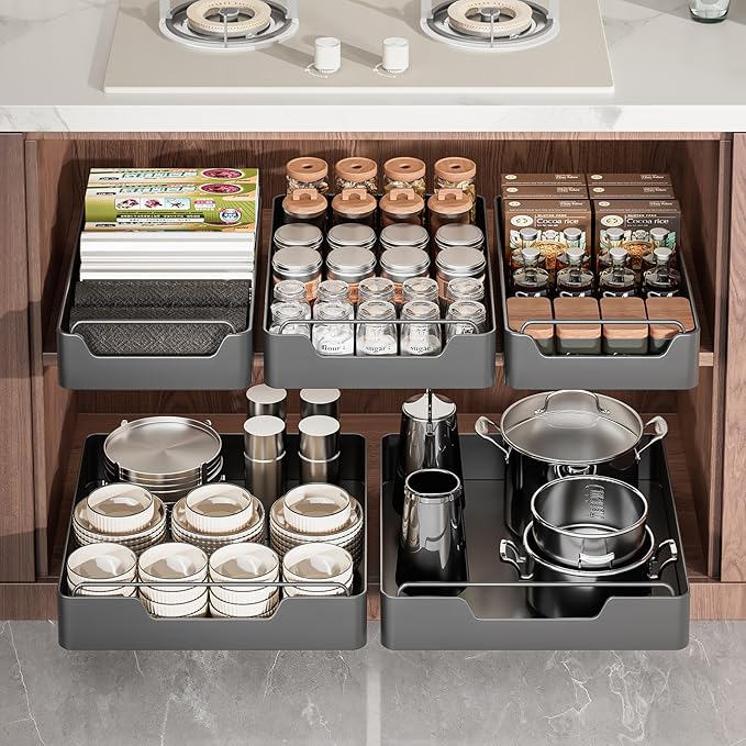 Pull out Cabinet Organizer,Nano adhesive fixing without harming cabinets,Slide out drawer storage rack for plates and spice bottles in kitchen and living room,12.2" W *16.9" D* 2.75" H