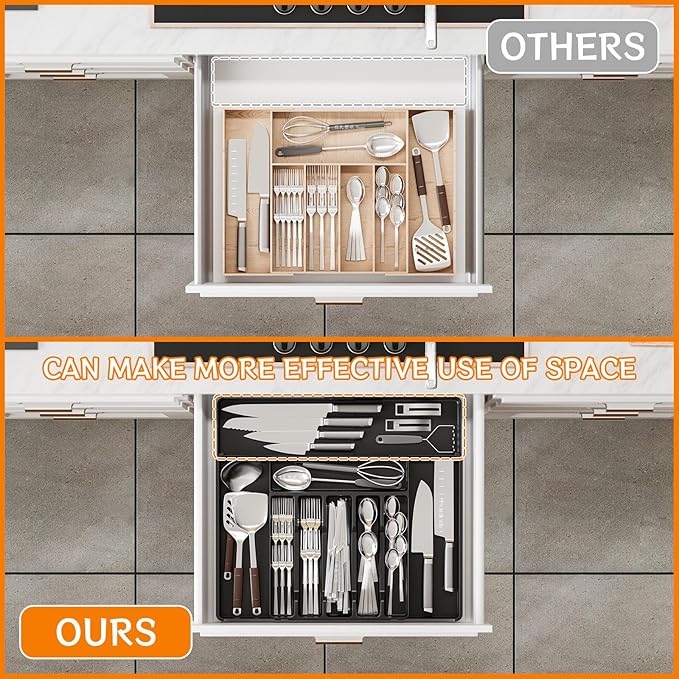 Expandable Silverware Organizers for Kitchen Drawers,Large BPA Free Cutlery Organizer in Drawer,Plastic Utensil Drawer Organizer Suitable as Flatware,Knife,Fork,Spoon,Silverware Holder and Tray,Black