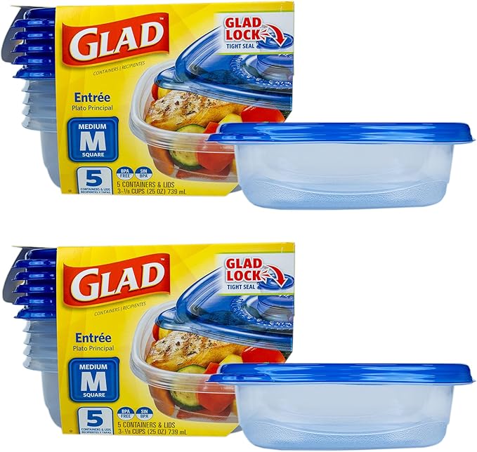 GladWare Entree Food Storage Containers, Medium Square Holds 25 Ounces of Food | Tupperware, Plastic Food Container, Meal Prep Container, Plastic Containers with Lids, 5 Count - 2 Pack