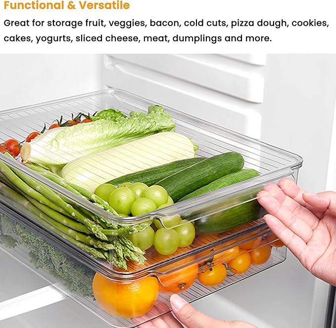 vacane Stackable Freezer Organizer, Flat Produce Saver Sliced Cheese Container with Lids, Freezer Storage Containers Food Storage Tray for Fruits, Vegetables, Meat