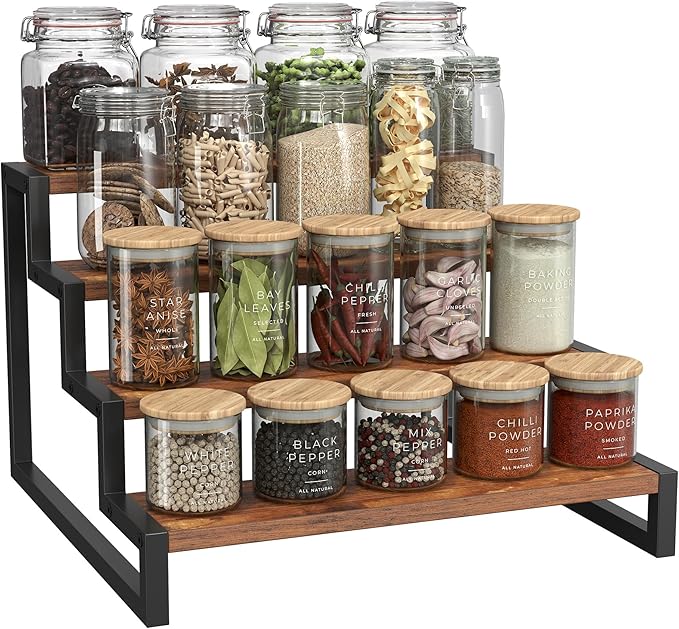 Wood Display Riser Stand, 4-Tier Kitchen Counter Shelves, Kitchen Storage,Spice Rack Organizer, Tiered Countertop Display Shelf for Perfume, Makeup, Expandable(Retro Color,4-Tier)