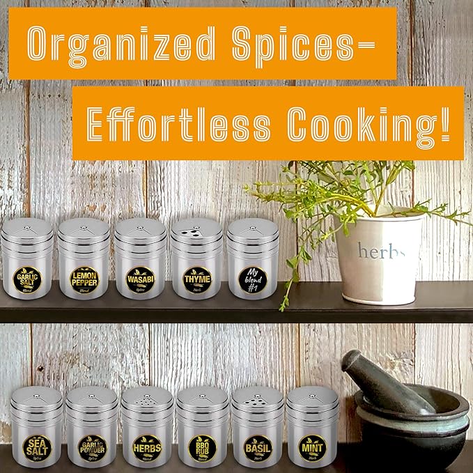CUSINIUM 12-pack 6oz Metal Seasoning Containers Set with Adjustable Lid -192 Labels + Marker - Spice Jars Organizers Bundle