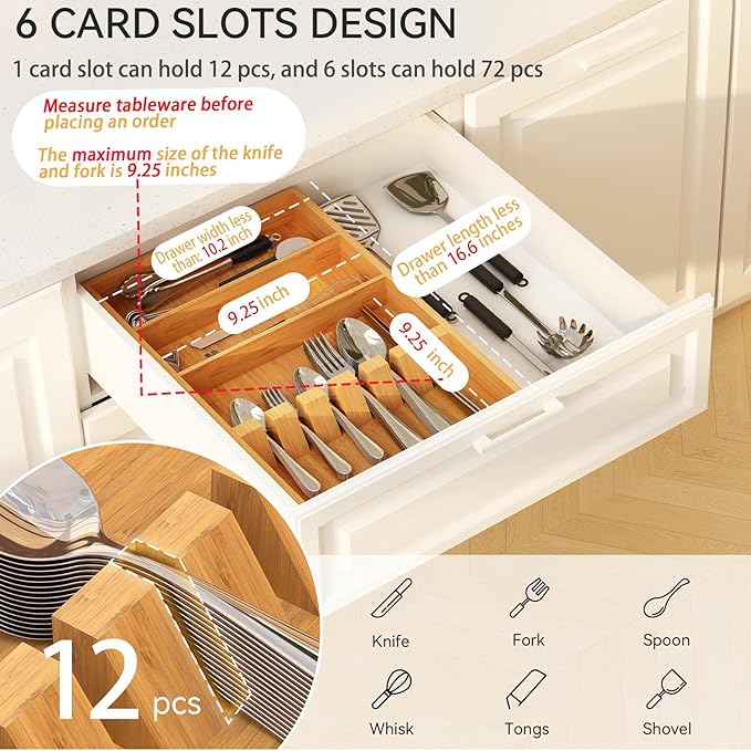 Yofidra Pure Bamboo Silverware Drawer Organizer: 16.5 Inch Large Silverware Utensil Tray Holder, 3-Compartment with 6 Card Slots Kitchen Flatware Organizer for Spoons Forks Knives, 2024 New Upgrade