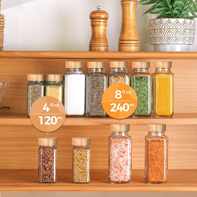 ComSaf 4 oz 6Pcs Glass Spice Jars with Label, Empty Spice Containers with Bamboo Lids, Square Seasoning Containers Trial and Supplement Set, Small Seasoning Bottles for Salt, Herbs, Sugar, Pepper