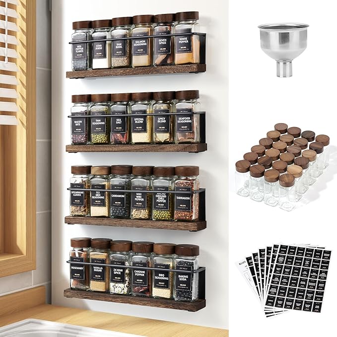 Wooden Lid Magnetic Spice Rack with 24 Jars, 216 Labels, 1 Steel Funnel for Refrigerator,Microwave Oven - Full Set of Spice Organizer