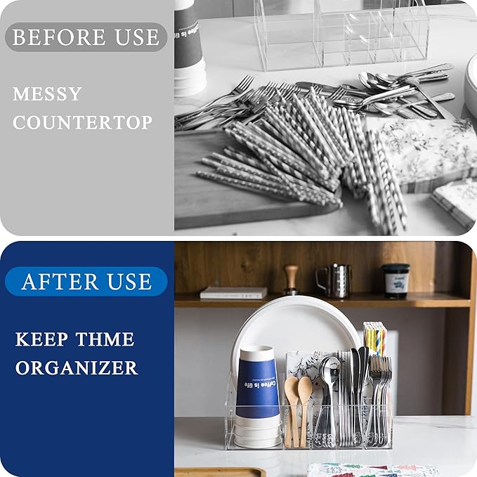 Utensil Silverware Caddy for Party Acrylic Paper Plate Dispenser Holders Organizer Lazy Susan Buffet Caddy for Plastic Plates Napkins Cup Flatware Cutlery, Hosting Entertaining Essentials for Picnic