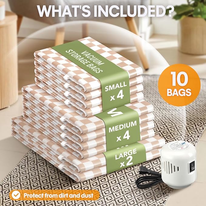10 Pack Travel Vacuum Storage Bags with Electric Pump, 2 Large+4 Medium+4 Small Vacuum Sealer Bags, 80% Space Saver Bags for Luggage, Comforters and Blankets, Travel Essentials(Light Pink Checkered)