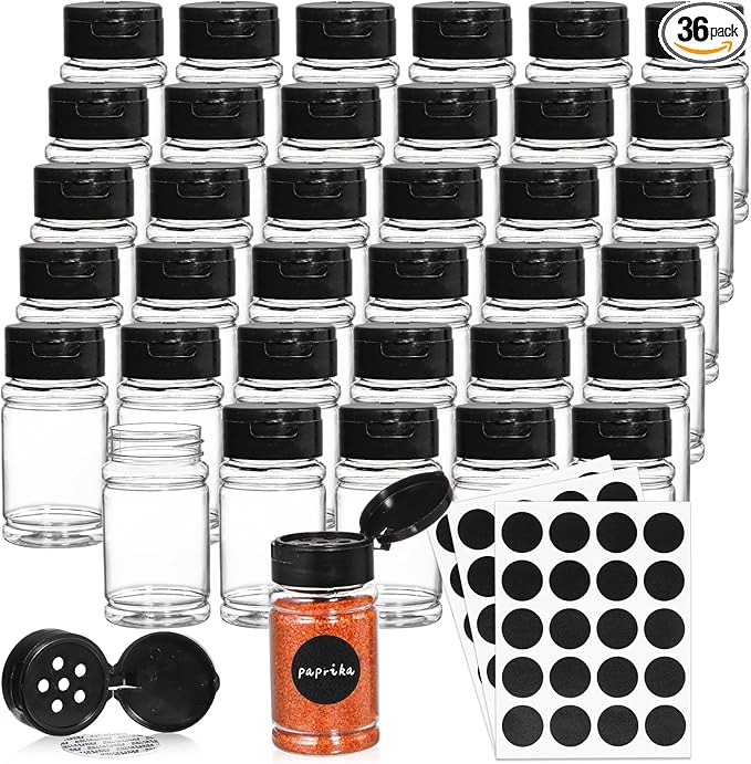 Tosnail 36 Pack 2.7 Oz Small Plastic Spice Bottles with Black Shaker Lids and Labels, Empty Plastic Jars with Lids, Seasoning Shaker Containers for Travel, Camping, Glitter, Gift, Party Favors - Clear