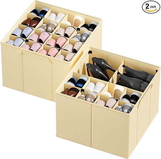 SpaceAid Shoe Organizer for Closet, 2 Pack Foldable Shoe Storage Containers Baskets Boxes Bins w/Adjustable Dividers, Fits 16-32 Pairs, Beige