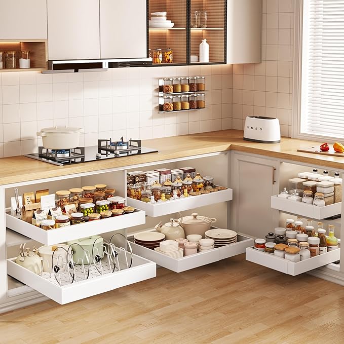 2 Pack Pull out Cabinet Organizer 21"Deep With Raising Pad for Framed Cabinets, Expandable Slide out Drawers for Kitchen Cabinets with 4pcs Divider Racks, Roll out Shelves 12.1"-20.4" W White