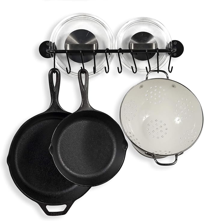 Wallniture Cucina 16" Wall Mount Kitchen Organization Storage Rail with 10 S Hooks for Hanging Pots and Pans Set and Lid Organizer, Black