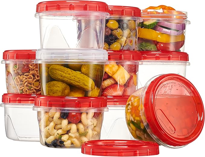 PLASTICPRO 6 Pack Twist Cap Food Storage Containers with Red Screw on Lid- 16 oz Reusable Meal Prep Containers - Freezer and Microwave Safe Red Plastic Food Storage