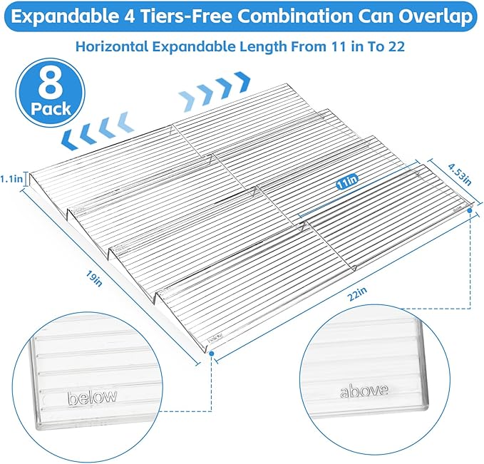 Clear Acrylic Spice Drawer Organizer, 4 Tier- 8 Pcs Spice Organization for Cabinet, Seasoning Organizer, Spice Rack for Drawer, Spice Drawer Expandable From 11'' to 22''