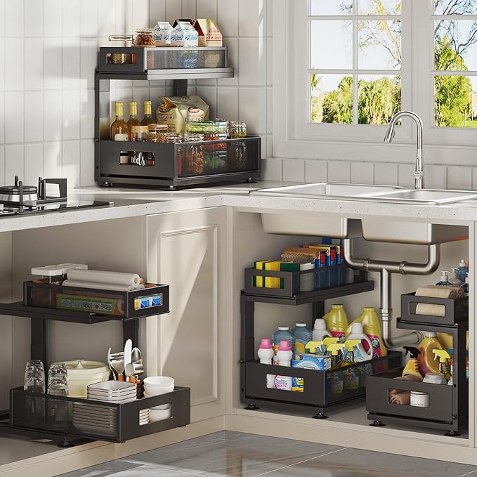 2 Pack Under Sink Organizer with Next-Gen Ball-Bearing Slides,2-Tier Pull Out Cabinet Storage,Height Adjustable Drawer Shelf for Bathroom,Kitchen,Laundry,Cabinet,Pantry(Patent Pending)