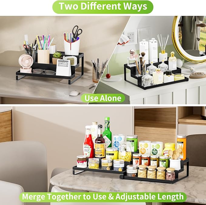 RCHYFEED Spice Rack Organizer for Cabinet, Set of 2 Metal 3 Tier Spice Rack Expandable Display Risers, Seasoning Organizer for Kitchen Cabinet Countertop Pantry Spice Organizer